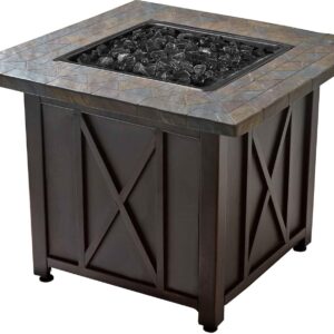 Endless Summer 30 Inch Square 30,000 BTU Liquid Propane Gas Outdoor Fire Pit Table w/ Push Button Ignition, Black Fire Glass, & Steel Fire Bowl, Black